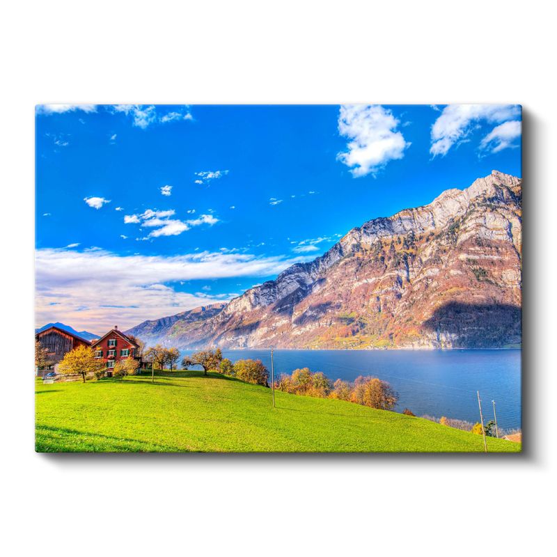 Alp Dağları - Göl Kenarında Huzur Dolu Yeşil Vadi Kanvas Tablo