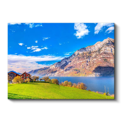 Alp Dağları - Göl Kenarında Huzur Dolu Yeşil Vadi Kanvas Tablo