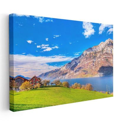 Alp Dağları - Göl Kenarında Huzur Dolu Yeşil Vadi Kanvas Tablo