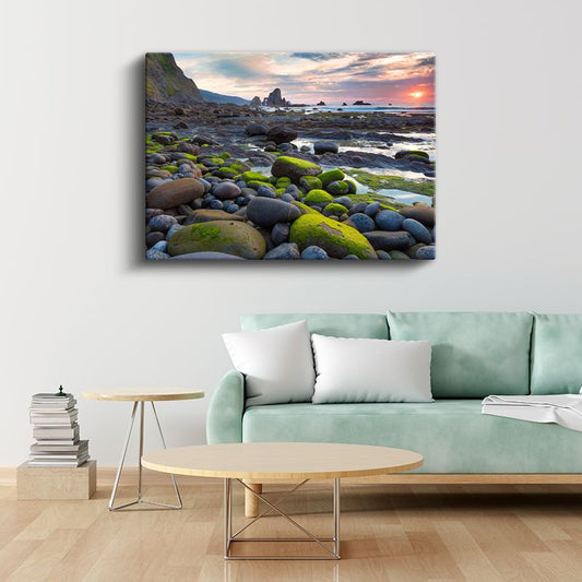 Taşlı Sahil - Gün Batımında Yosunlu Kayalar Kanvas Tablo