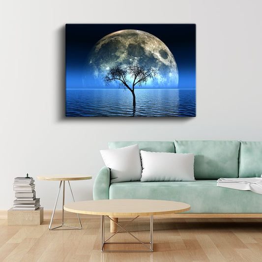 Yalnız Ağaç - Dolunay Işığında Kanvas Tablo