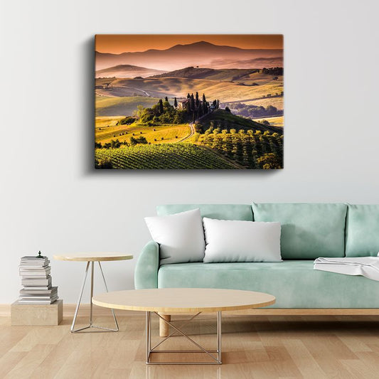 Toskana Tepeleri - Altın Renkli Tarlalar ve Çiftlik Evi Kanvas Tablo