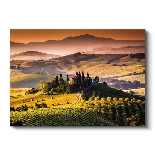 Toskana Tepeleri - Altın Renkli Tarlalar ve Çiftlik Evi Kanvas Tablo