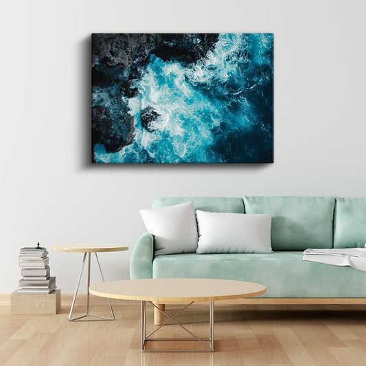 Turkuaz Dalgalar - Kayalıklarda Dans Eden Deniz Kanvas Tablo