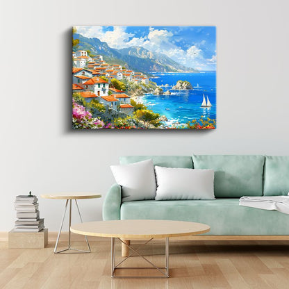 Akdeniz Kıyısı - Beyaz Evler ve Mavi Deniz Kanvas Tablo