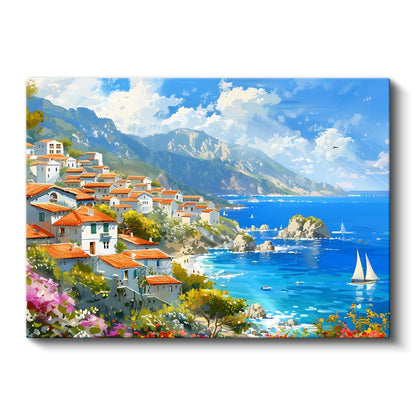 Akdeniz Kıyısı - Beyaz Evler ve Mavi Deniz Kanvas Tablo