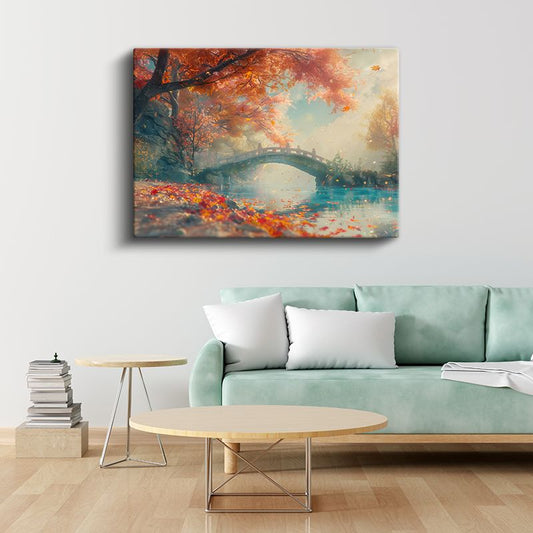 Sonbahar Köprüsü - Kızıl Yapraklar ve Durgun Göl Kanvas Tablo