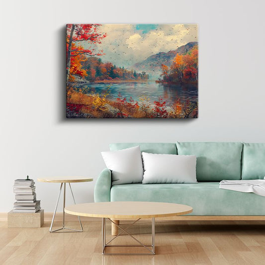 Sonbahar Gölü - Kızıl Orman Manzarası Kanvas Tablo