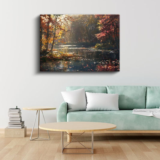 Sonbahar Göl - Altın Yapraklar Arasında Güneş Işıltıları Kanvas Tablo