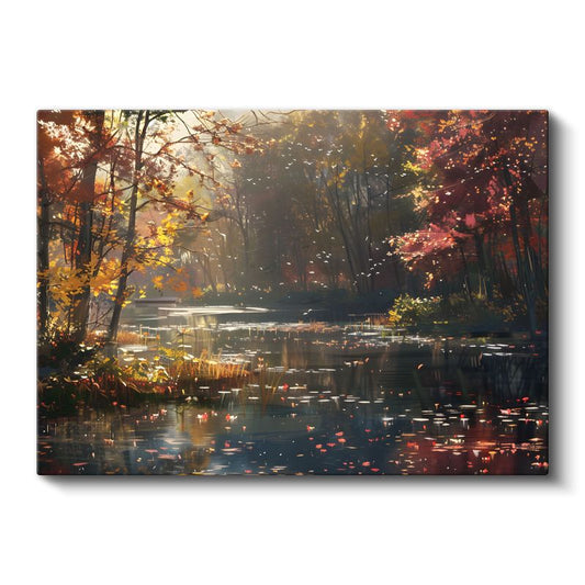 Sonbahar Göl - Altın Yapraklar Arasında Güneş Işıltıları Kanvas Tablo