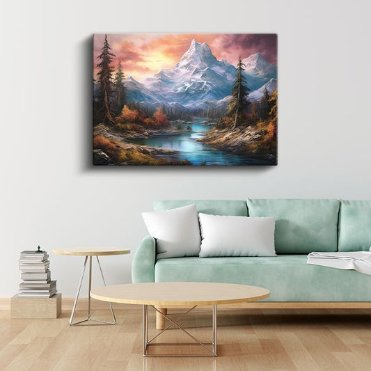 Sonbahar Vadisi - Karlı Dağ Zirvesi Kanvas Tablo