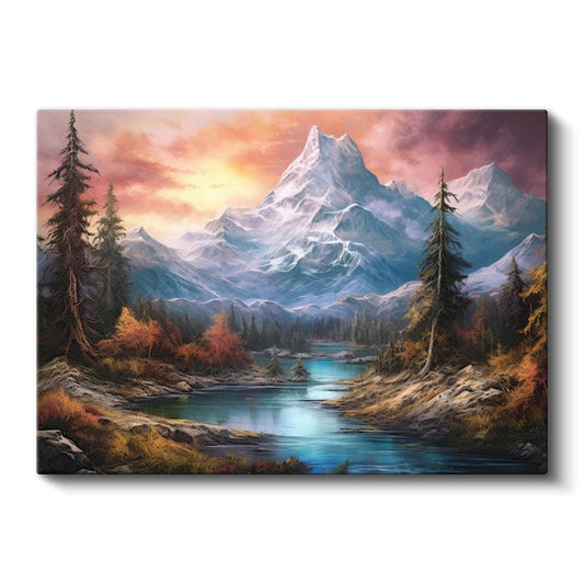 Sonbahar Vadisi - Karlı Dağ Zirvesi Kanvas Tablo