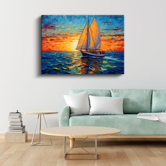 Yelkenli Tekne - Alev Renkli Günbatımı Seyri Kanvas Tablo