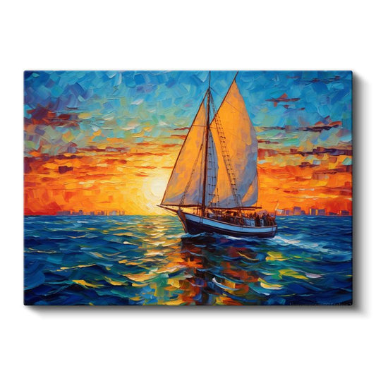 Yelkenli Tekne - Alev Renkli Günbatımı Seyri Kanvas Tablo
