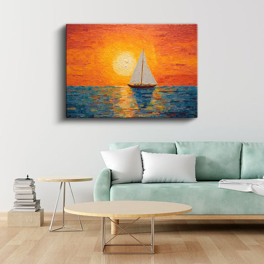 Yelkenli Tekne - Parlak Güneş Işığında Sakin Deniz Kanvas Tablo