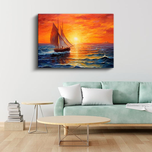 Yelkenli Gemi - Ateş Renkli Ufukta Dalgalı Deniz Kanvas Tablo