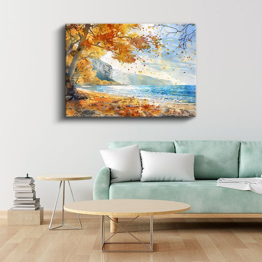 Sonbahar Sahili - Altın Yapraklı Ağaç ve Masmavi Deniz Kanvas Tablo