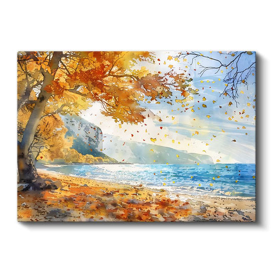 Sonbahar Sahili - Altın Yapraklı Ağaç ve Masmavi Deniz Kanvas Tablo