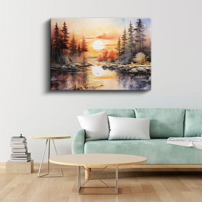 Alev Rengi Gün Batımı - Çam Ormanı ve Huzurlu Göl Yansıması Kanvas Tablo