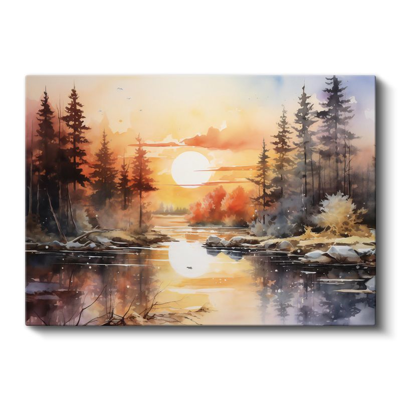Alev Rengi Gün Batımı - Çam Ormanı ve Huzurlu Göl Yansıması Kanvas Tablo