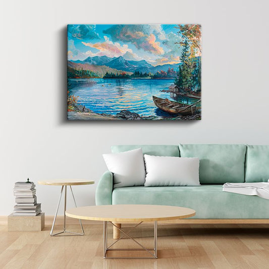 Turkuaz Göl - Dağ Manzaralı İskele ve Ahşap Tekne Kanvas Tablo
