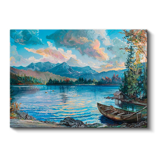 Turkuaz Göl - Dağ Manzaralı İskele ve Ahşap Tekne Kanvas Tablo