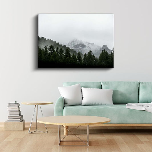 Sisli Orman - Karlı Dağ Zirvesi ve Çam Ağaçları Kanvas Tablo