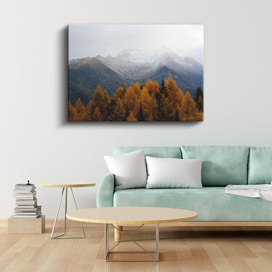 Sonbahar Zirvesi - Karlı Dağlar ve Turuncu Çamlar Kanvas Tablo