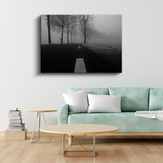 Sisli Yol - Siyah Beyaz Minimalist Doğa Perspektifi Kanvas Tablo