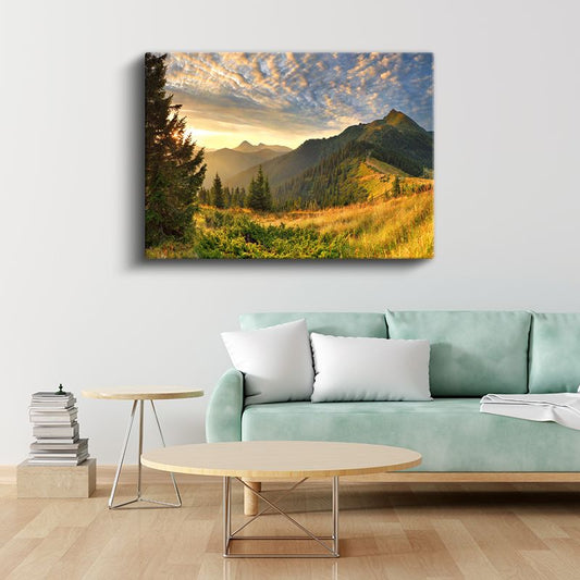 Altın Çayırlar - Gün Batımında Dağ Silüetleri Kanvas Tablo