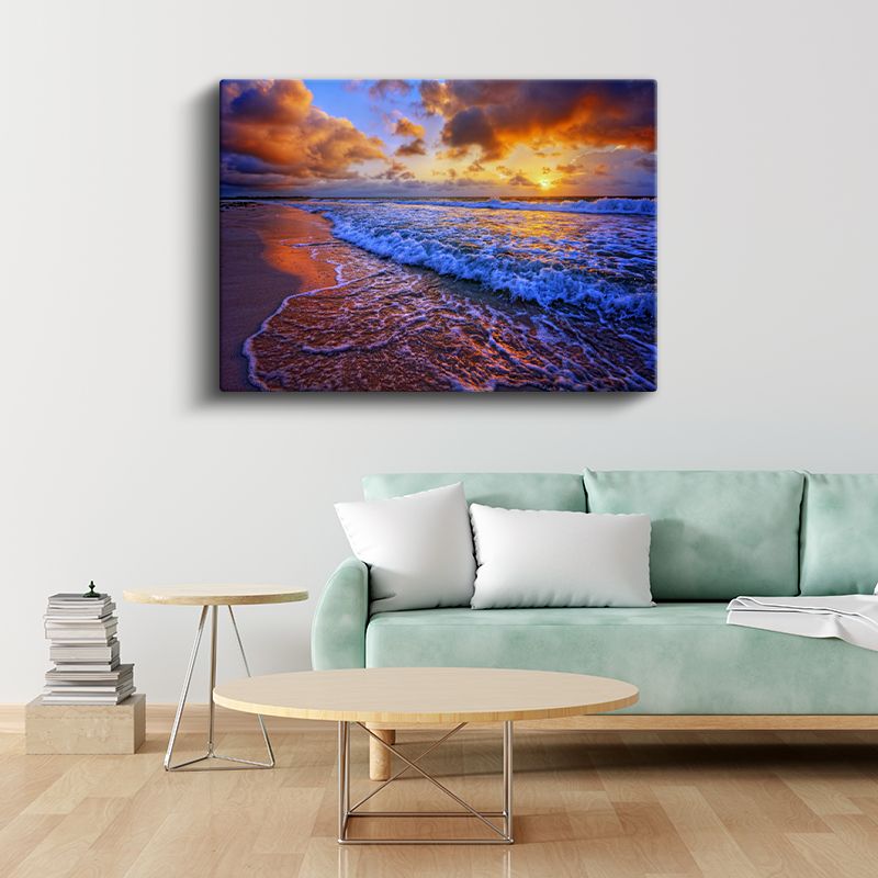 Alev Rengi Sahil - Günbatımında Dans Eden Dalgalar Kanvas Tablo