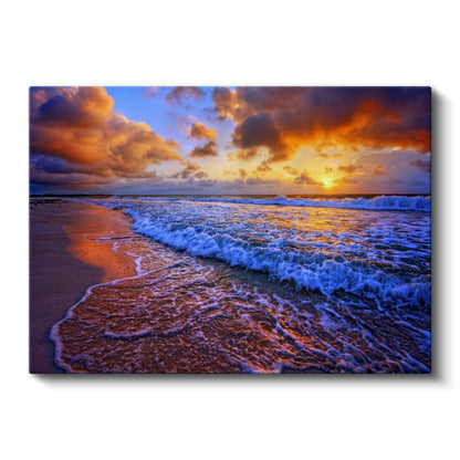 Alev Rengi Sahil - Günbatımında Dans Eden Dalgalar Kanvas Tablo