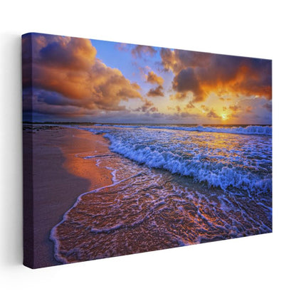 Alev Rengi Sahil - Günbatımında Dans Eden Dalgalar Kanvas Tablo