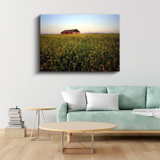 Sarı Çiçek Tarlası - Ahşap Kulübe ve Gün Batımı Kanvas Tablo