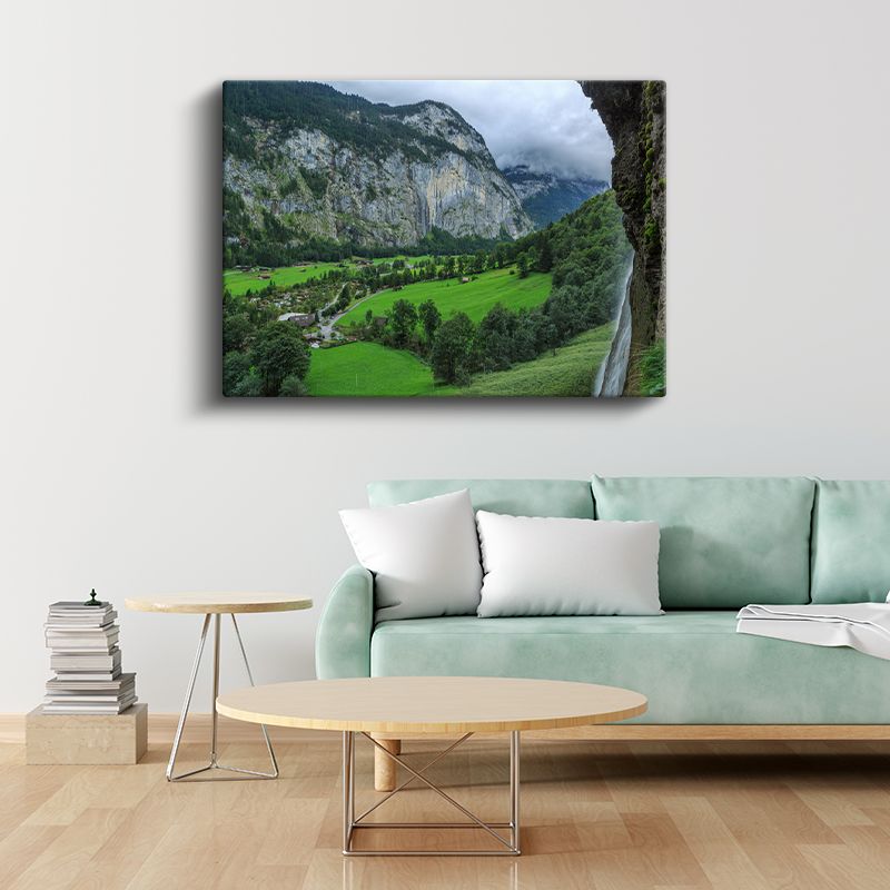 Alp Vadisi - Yeşil Çayırlar ve Şelale Manzarası Kanvas Tablo