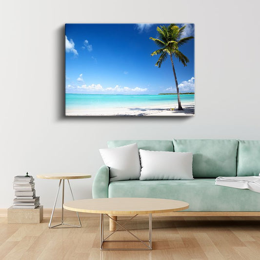 Tropik Cennet - Palmiye ve Turkuaz Deniz Manzarası Kanvas Tablo