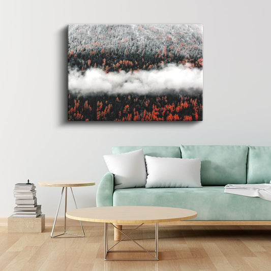 Sisli Orman - Sonbahar Renklerinde Ağaçlar ve Bulutlar Kanvas Tablo