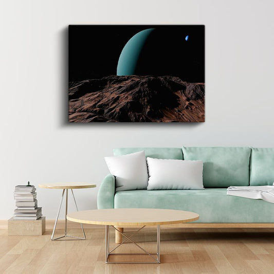 Uzak Dünyalar - Turkuaz Gezegen ve Kayalık Yüzey Kanvas Tablo