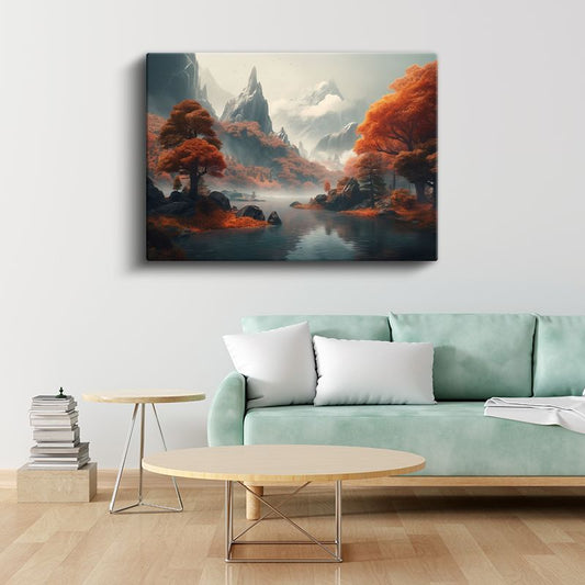 Sonbahar Vadisi - Turuncu Orman ve Sisli Dağlar Kanvas Tablo