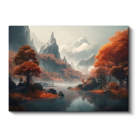 Sonbahar Vadisi - Turuncu Orman ve Sisli Dağlar Kanvas Tablo