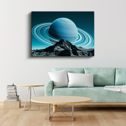 Satürn Gezegeni - Dağların Üzerinde Yükselen Kozmik Manzara Kanvas Tablo