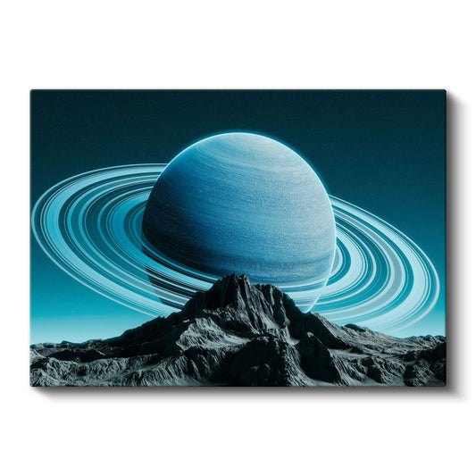 Satürn Gezegeni - Dağların Üzerinde Yükselen Kozmik Manzara Kanvas Tablo