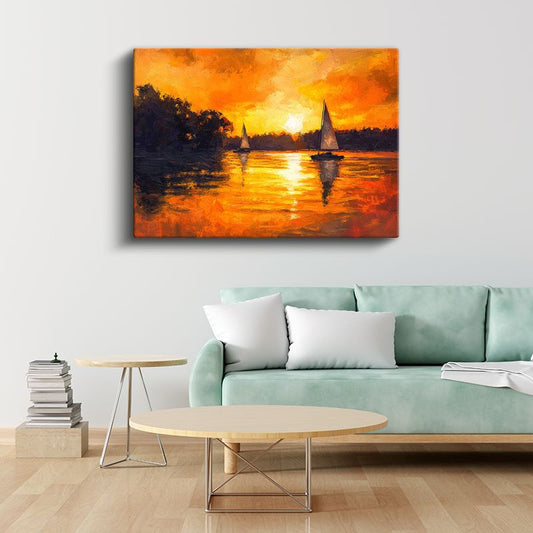 Yelkenliler - Turuncu Gün Batımında Göl Manzarası Kanvas Tablo