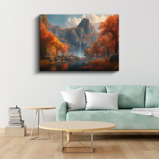 Sonbahar Şelalesi - Turuncu Yapraklı Ağaçlar ve Dağ Manzarası Kanvas Tablo