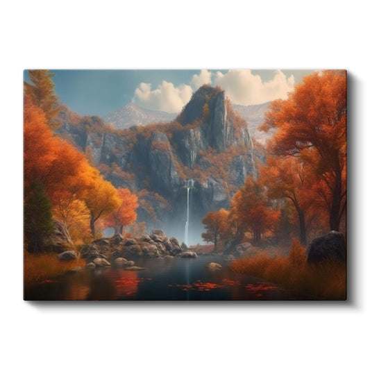 Sonbahar Şelalesi - Turuncu Yapraklı Ağaçlar ve Dağ Manzarası Kanvas Tablo