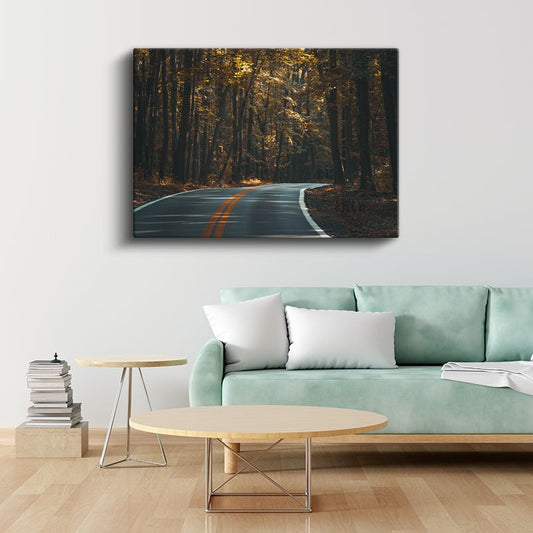 Sonbahar Orman Yolu - Altın Yapraklı Ağaçlar Arasında Kıvrılan Patika Kanvas Tablo