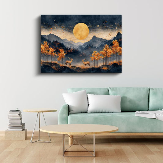 Altın Ay Manzarası - Geyiklerin Sisli Dağ Ormanında Buluşması Kanvas Tablo