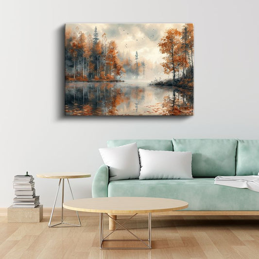 Sonbahar Gölü - Turuncu Orman Yansıması Kanvas Tablo