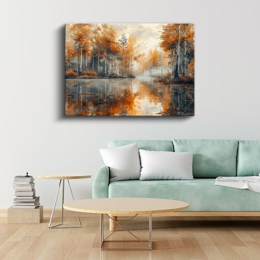 Sonbahar Ormanı - Göl Kenarında Turuncu Ağaçlar Kanvas Tablo