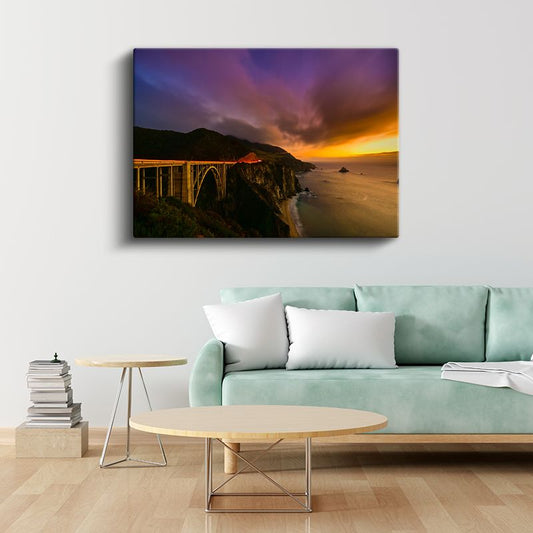 Sahil Köprüsü - Alev Renkli Gökyüzü Kanvas Tablo